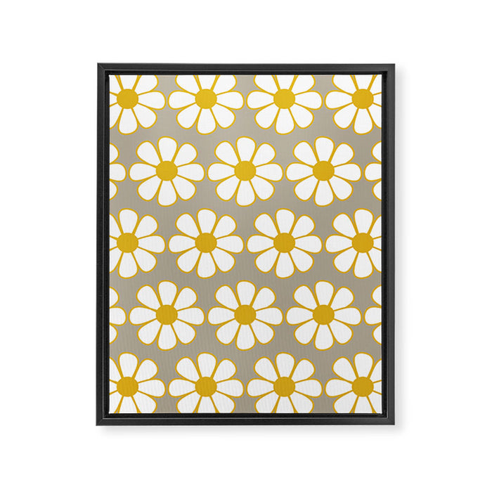 Cheerful Retro Daisy Floral Pattern in Mustard Gold and Gray Framed Canvas Print Gallery Image 1