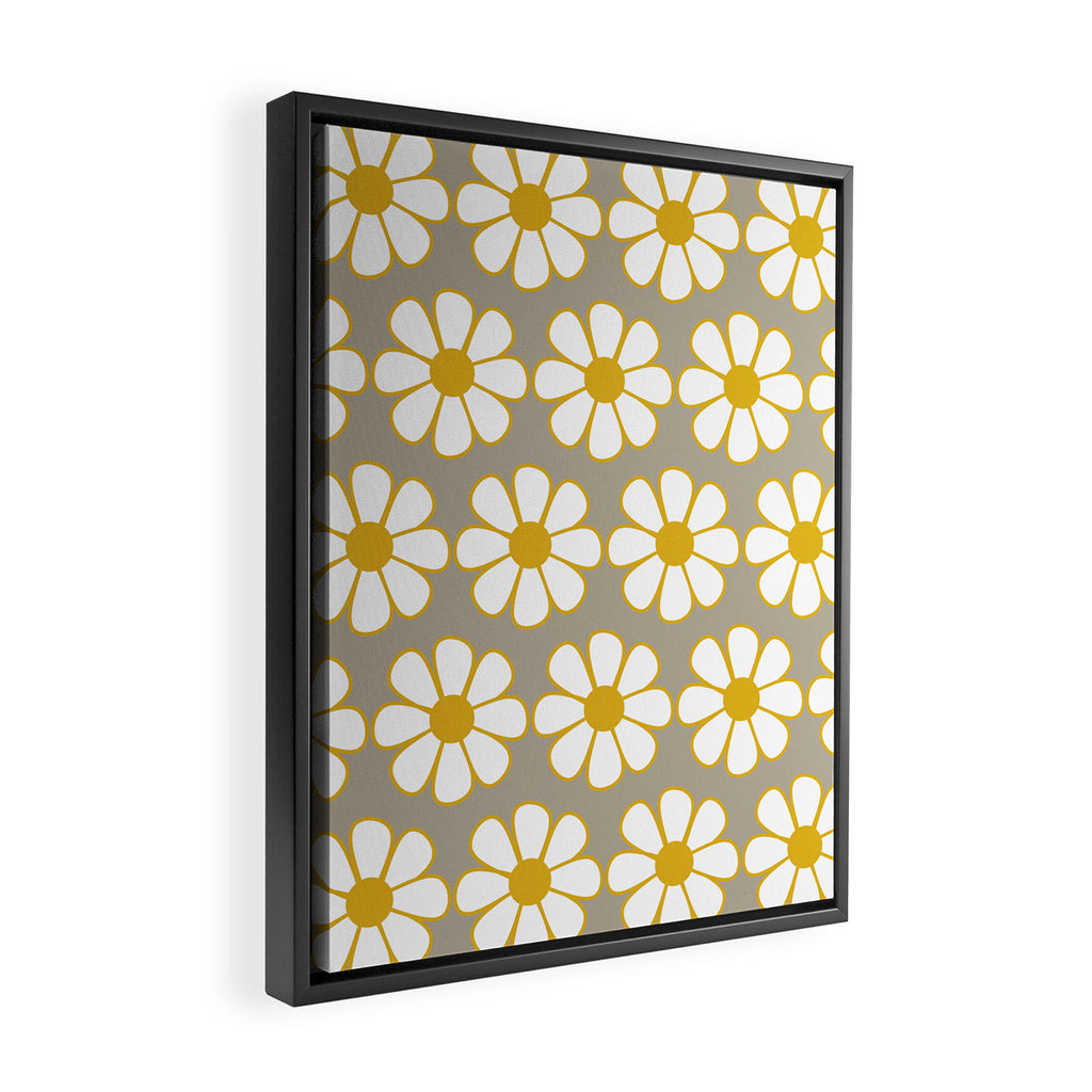 Cheerful Retro Daisy Floral Pattern in Mustard Gold and Gray Framed Canvas Print Gallery Image 2