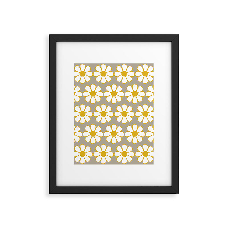 Cheerful Retro Daisy Floral Pattern in Mustard Gold and Gray Framed Art Print Gallery Image 6