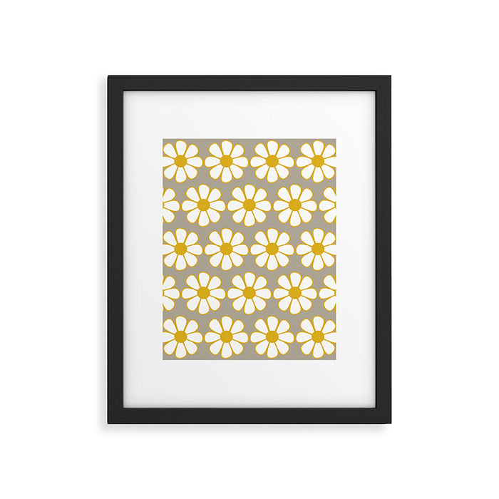 Cheerful Retro Daisy Floral Pattern in Mustard Gold and Gray Framed Art Print Gallery Image 1