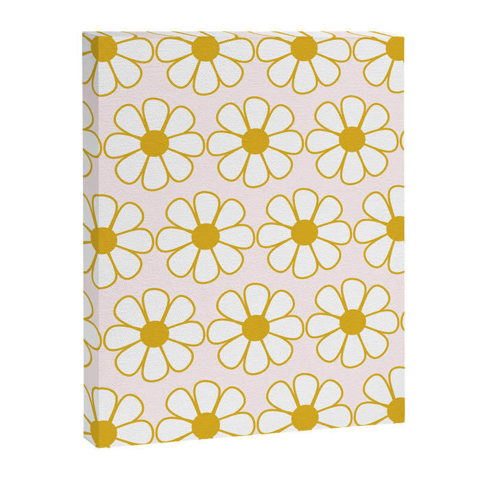 Cheerful Retro Daisy Flowers Pattern in Pale Pink and Mustard Canvas Print Gallery Image 1