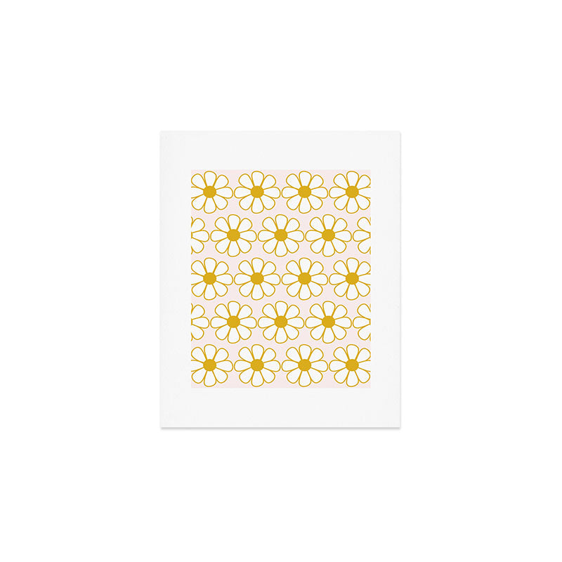 Cheerful Retro Daisy Flowers Pattern in Pale Pink and Mustard Art Print Gallery Image 1