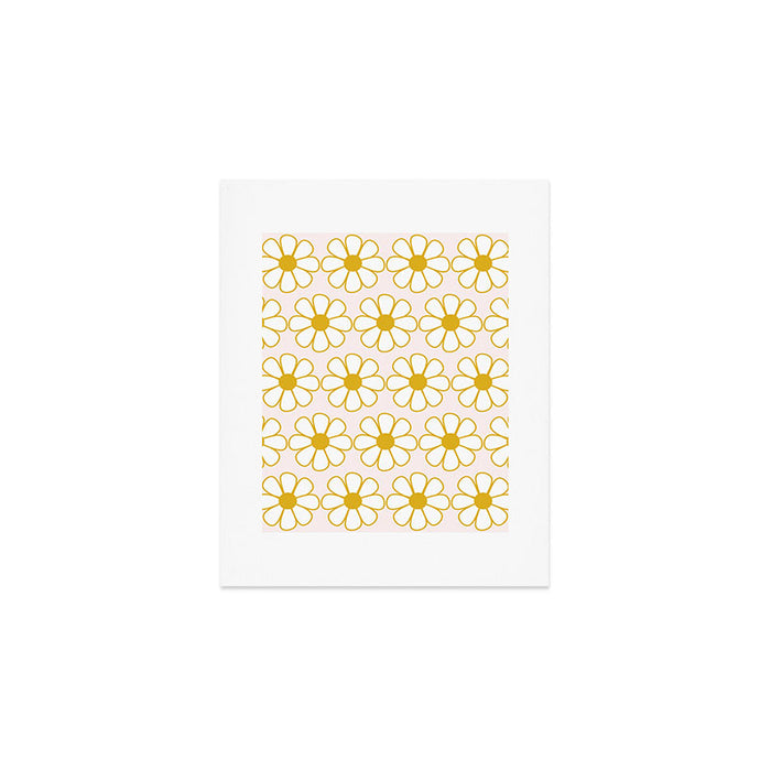 Cheerful Retro Daisy Flowers Pattern in Pale Pink and Mustard Art Print Gallery Image 1