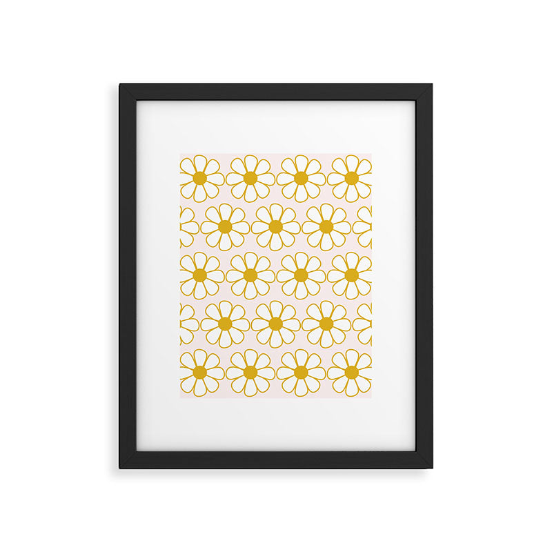 Cheerful Retro Daisy Flowers Pattern in Pale Pink and Mustard Framed Art Print Gallery Image 4