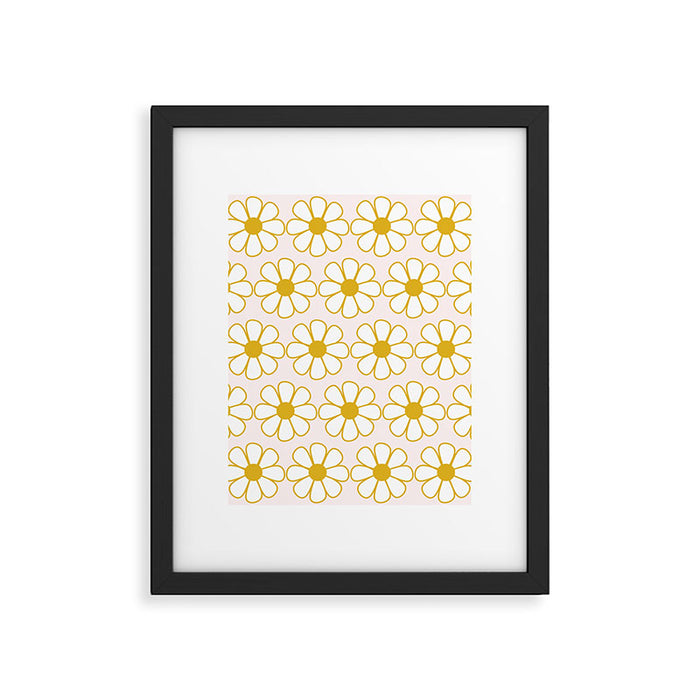 Cheerful Retro Daisy Flowers Pattern in Pale Pink and Mustard Framed Art Print Gallery Image 1
