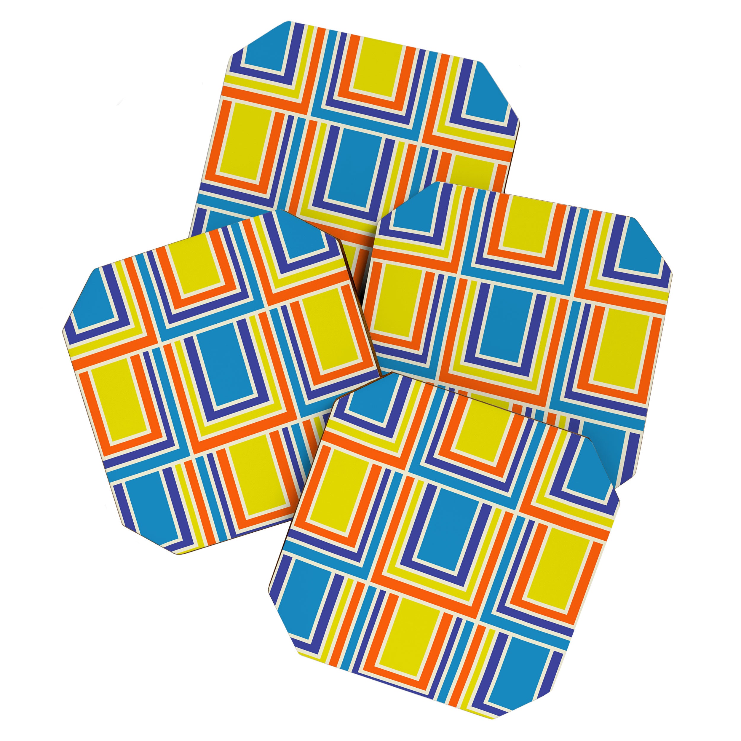 Cheerful Retro Geometric Mod Portes Pattern Blue Orange Yellow Cream Coaster Gallery Image 1