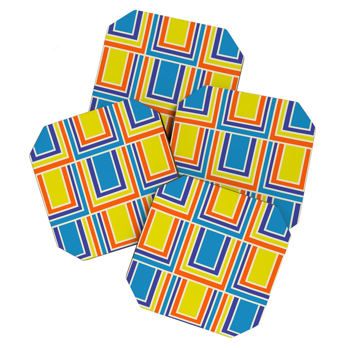 Cheerful Retro Geometric Mod Portes Pattern Blue Orange Yellow Cream Coaster Gallery Image 1