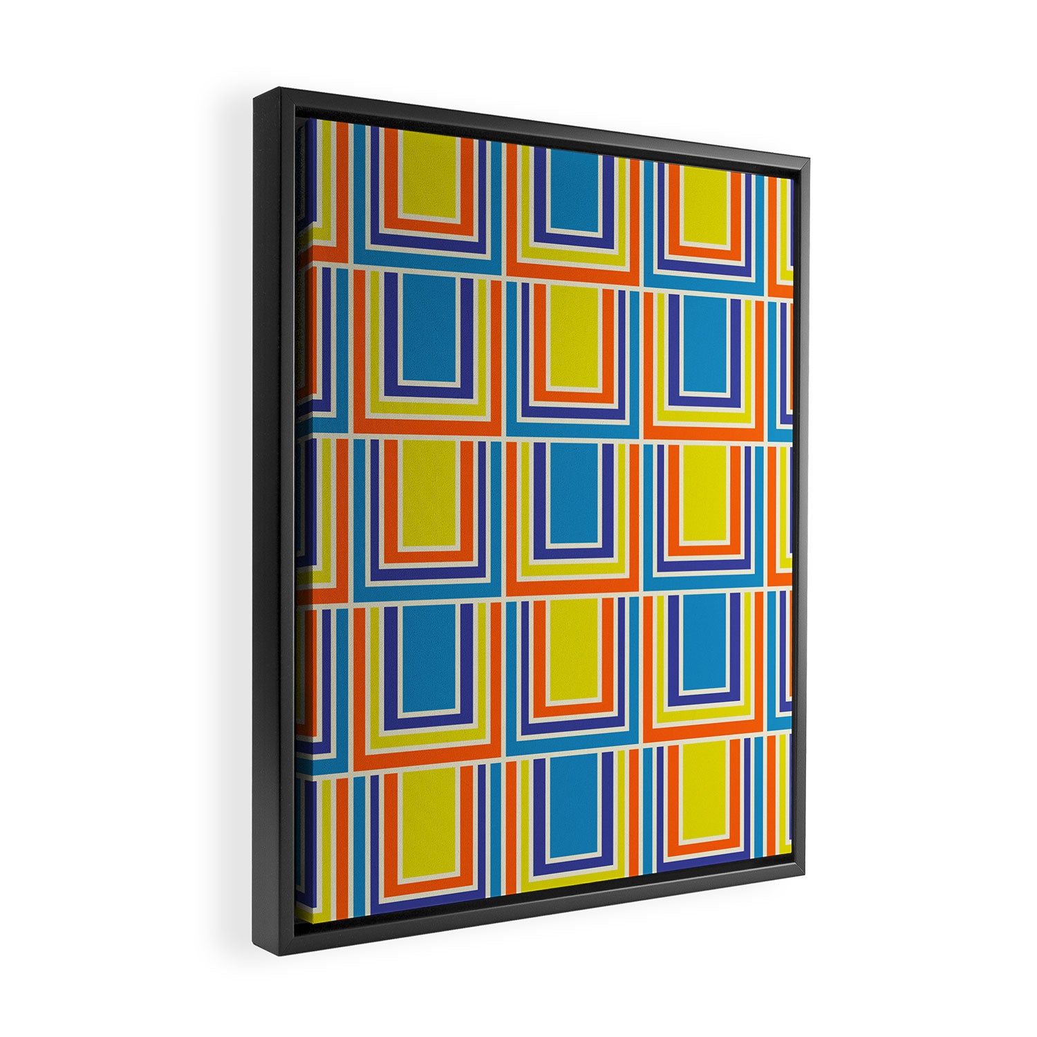 Cheerful Retro Geometric Mod Portes Pattern Blue Orange Yellow Cream Framed Canvas Print Gallery Image 2