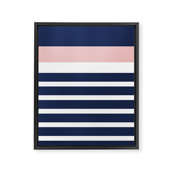 Cheerful Striped Pattern in Navy Blue, Pink, and White Framed Canvas Print Gallery Image 1