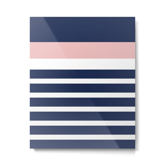 Cheerful Striped Pattern in Navy Blue, Pink, and White Metal Print Gallery Image 1