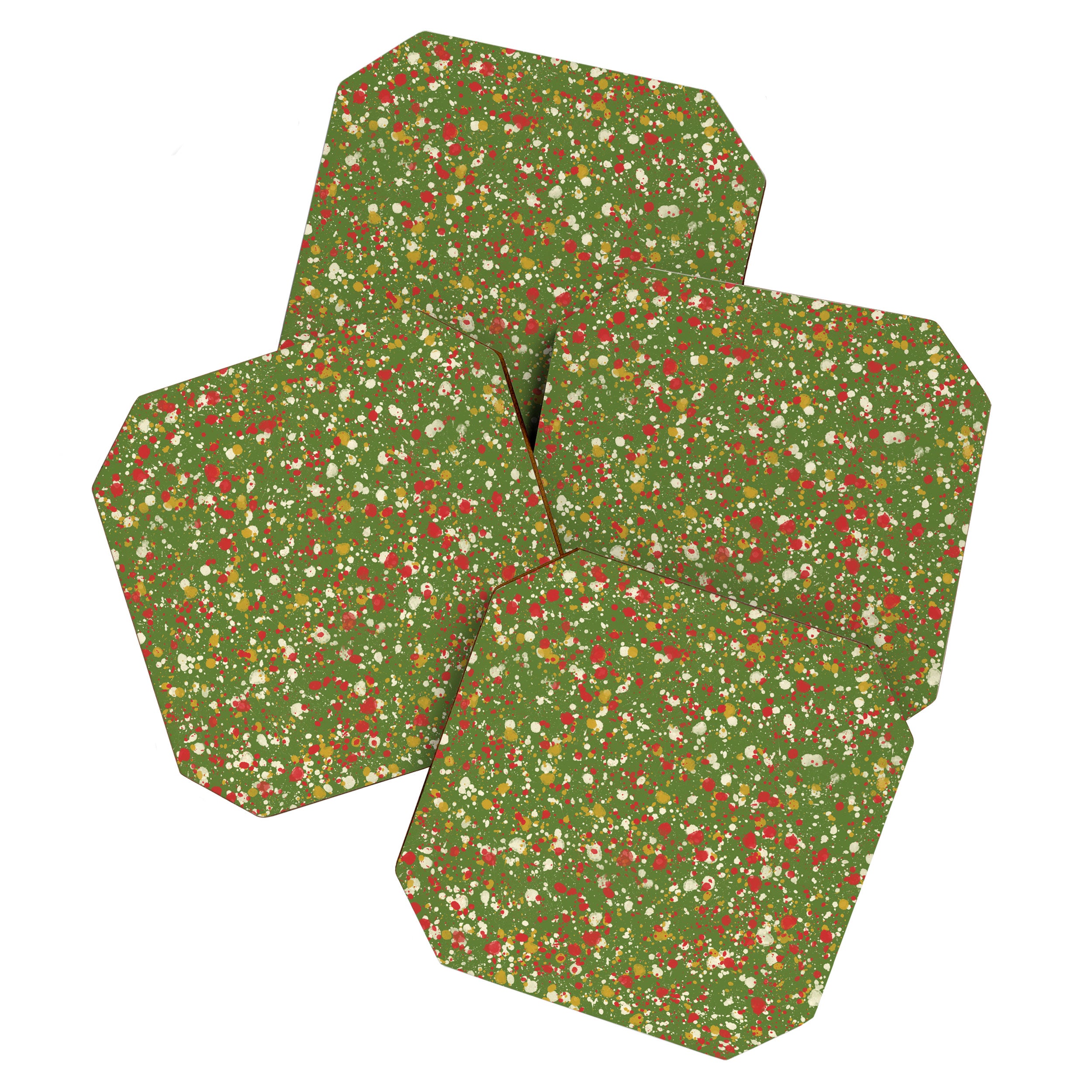 Christmas Spatter Paint in Retro Xmas Red, Cream, Gold, and Olive Green Coaster Gallery Image 1