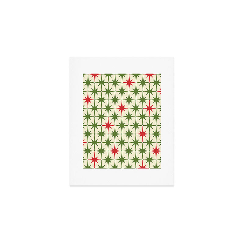 Christmas Starbursts - Atomic Age Xmas Holiday Pattern in Red and Retro Green on Cream Art Print Gallery Image 1