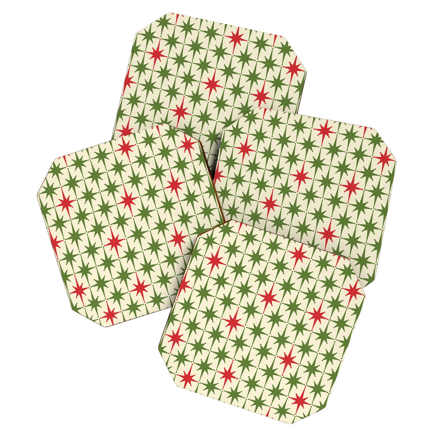 Christmas Starbursts - Atomic Age Xmas Holiday Pattern in Red and Retro Green on Cream Coaster Gallery Image 1
