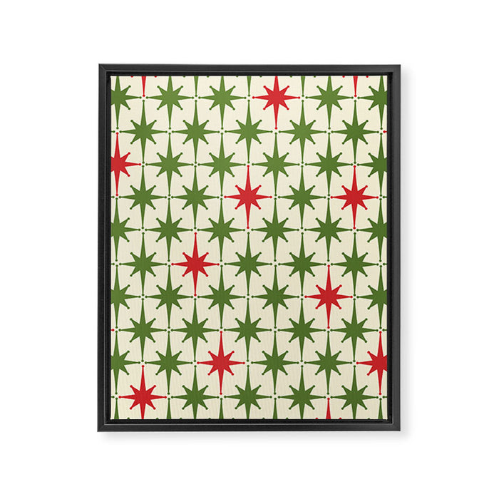 Christmas Starbursts - Atomic Age Xmas Holiday Pattern in Red and Retro Green on Cream Framed Canvas Print Gallery Image 1