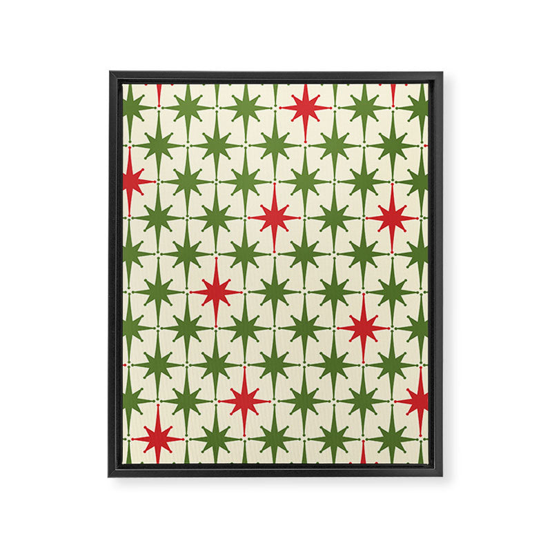 Christmas Starbursts - Atomic Age Xmas Holiday Pattern in Red and Retro Green on Cream Framed Canvas Print Gallery Image 6