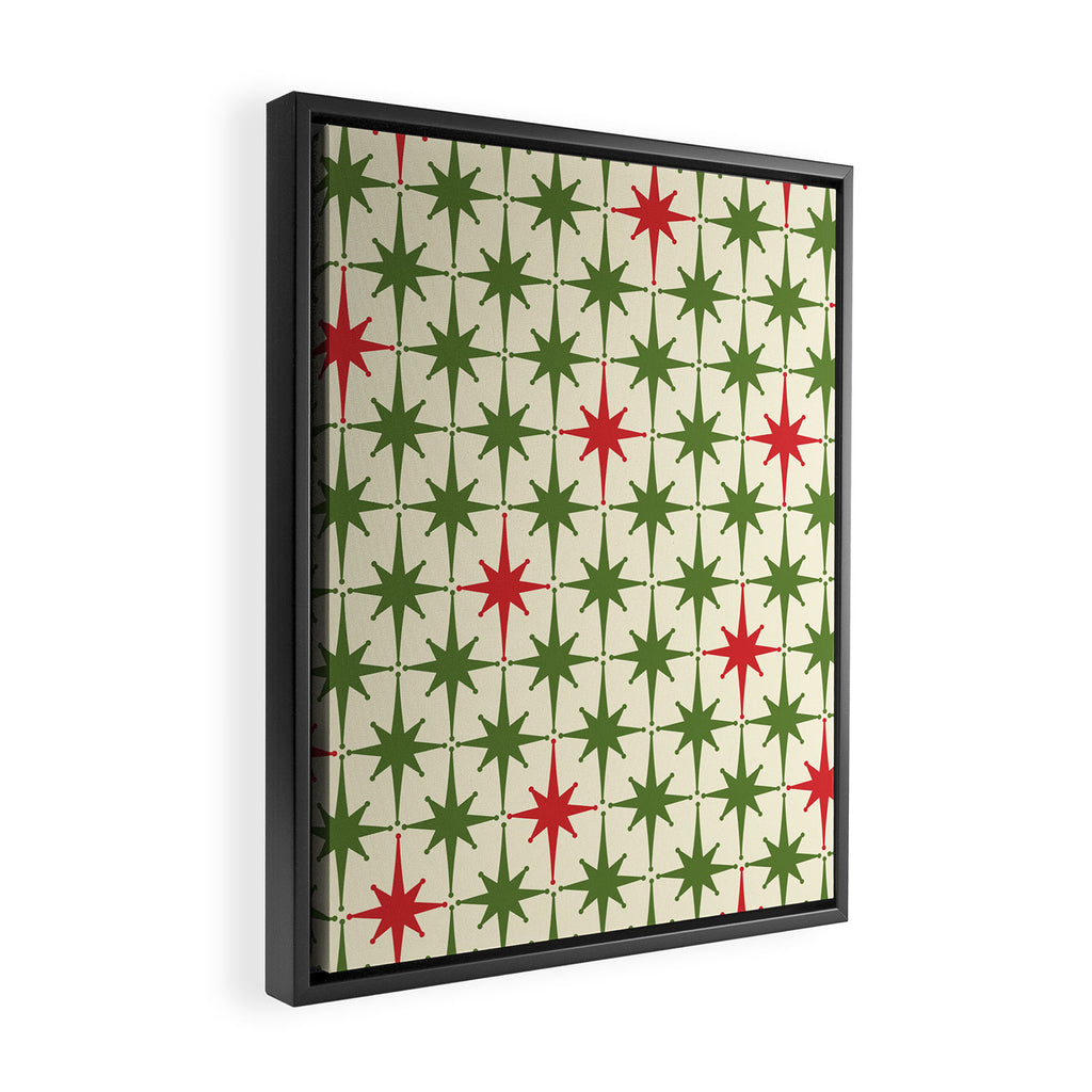 Christmas Starbursts - Atomic Age Xmas Holiday Pattern in Red and Retro Green on Cream Framed Canvas Print Gallery Image 2