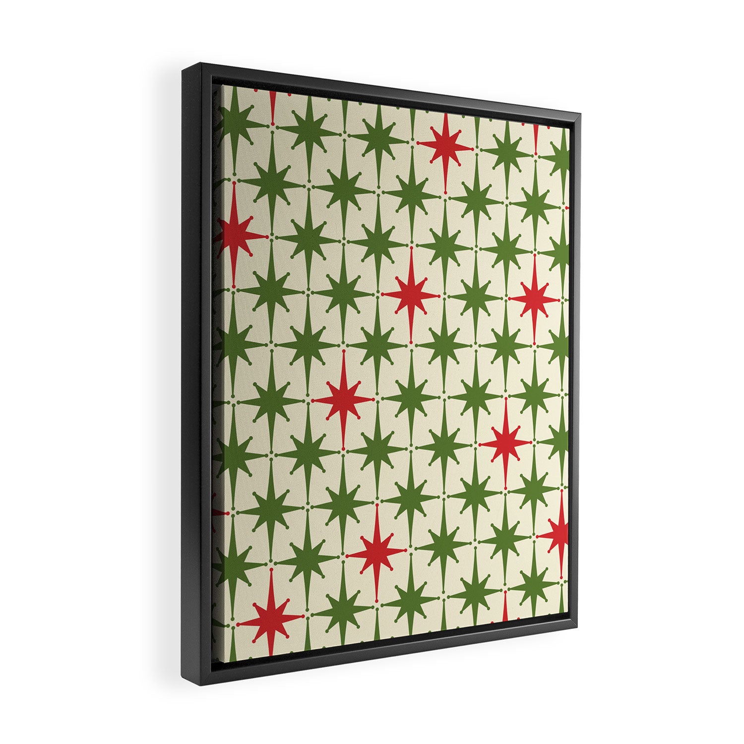 Christmas Starbursts - Atomic Age Xmas Holiday Pattern in Red and Retro Green on Cream Framed Canvas Print Gallery Image 2