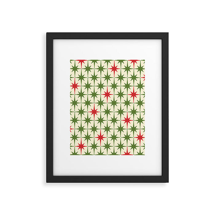 Christmas Starbursts - Atomic Age Xmas Holiday Pattern in Red and Retro Green on Cream Framed Art Print Gallery Image 1