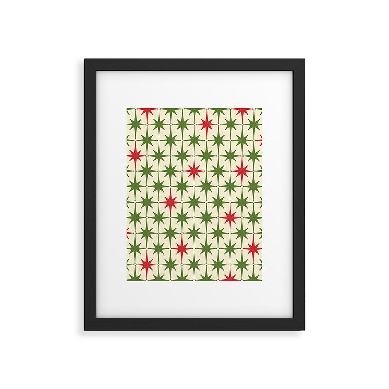 Christmas Starbursts - Atomic Age Xmas Holiday Pattern in Red and Retro Green on Cream Framed Art Print Gallery Image 5