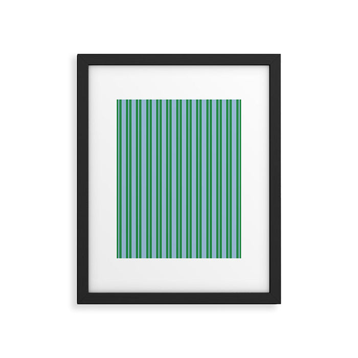 Classic Double Stripe Vertical Pattern in Green and Baby Blu Framed Art Print Gallery Image 1