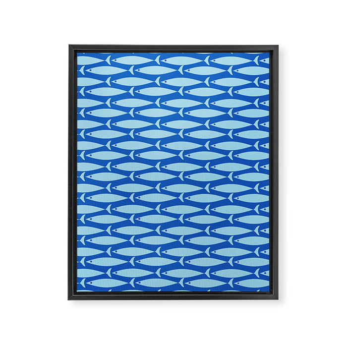 Coastal Fish Geometric Ocean Pattern in Blue Framed Canvas Print Gallery Image 1