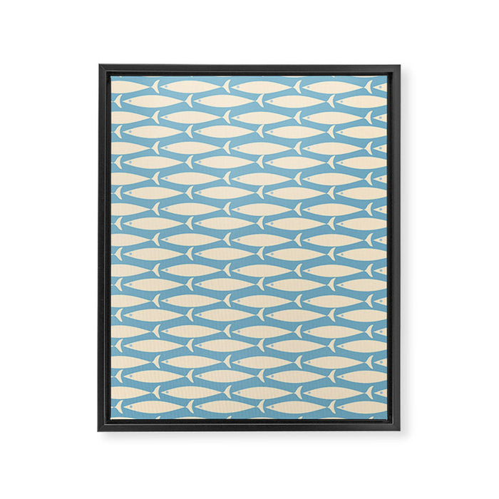 Coastal Fish Mid Century Minimalist Pattern in Blue Framed Canvas Print Gallery Image 1