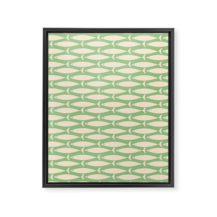 Coastal Fish Mid Century Modern Minimalist Pattern in Light Pastel Green Cream Blue Framed Canvas Print Gallery Image 1