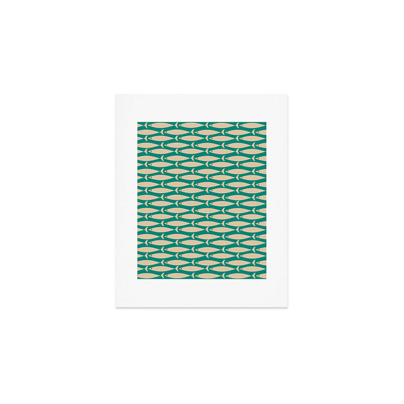 Coastal Fish Mid Century Modern Minimalist Pattern Teal Beige Olive Art Print Gallery Image 1