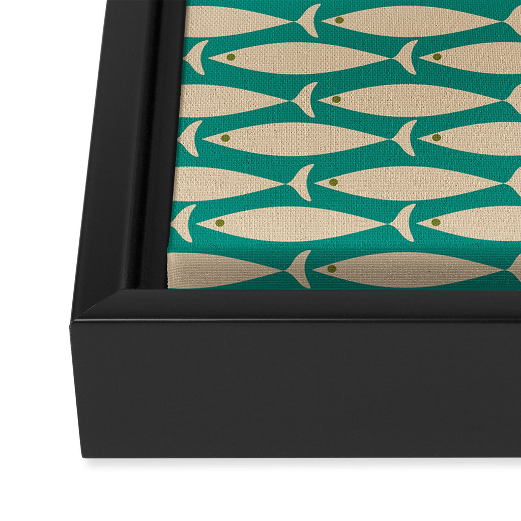 Coastal Fish Mid Century Modern Minimalist Pattern Teal Beige Olive Framed Canvas Print Gallery Image 3