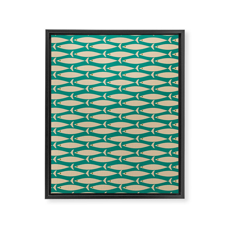 Coastal Fish Mid Century Modern Minimalist Pattern Teal Beige Olive Framed Canvas Print Gallery Image 8
