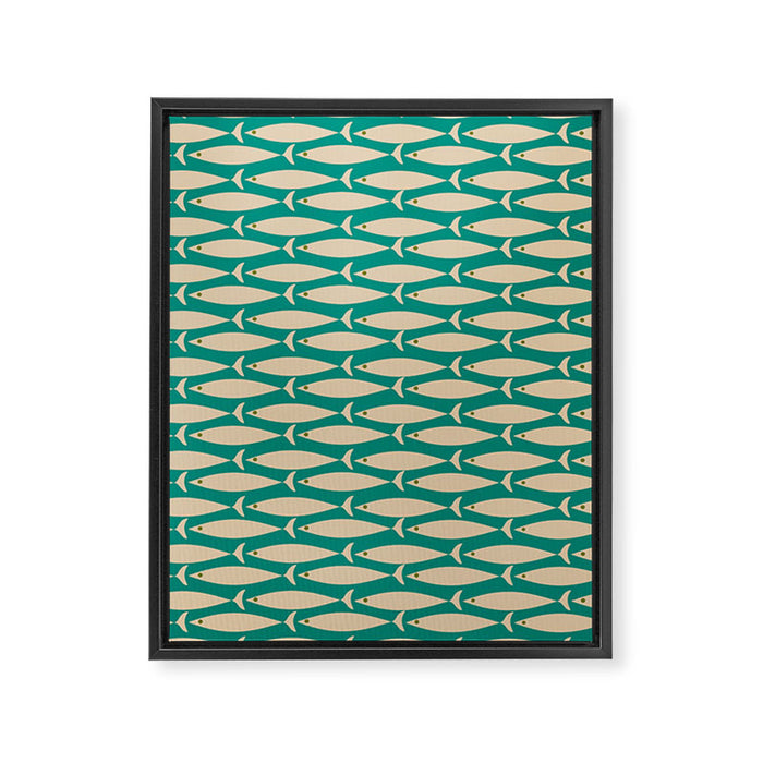 Coastal Fish Mid Century Modern Minimalist Pattern Teal Beige Olive Framed Canvas Print Gallery Image 1
