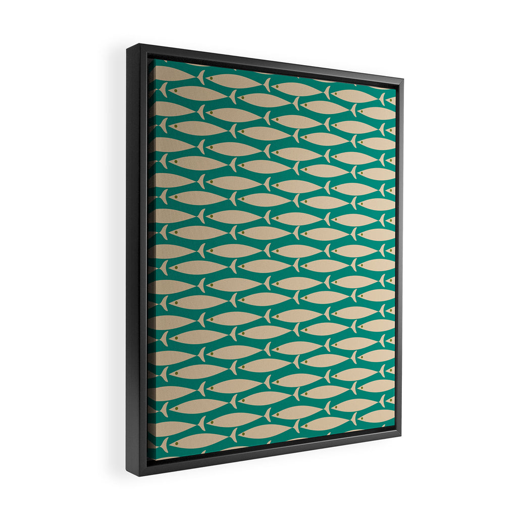 Coastal Fish Mid Century Modern Minimalist Pattern Teal Beige Olive Framed Canvas Print Gallery Image 2