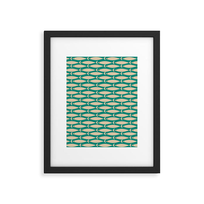Coastal Fish Mid Century Modern Minimalist Pattern Teal Beige Olive Framed Art Print Gallery Image 1