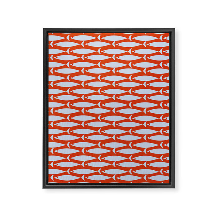 Coastal Fish Retro Pattern in Pale Blue and Bold Red Orange Framed Canvas Print Gallery Image 1