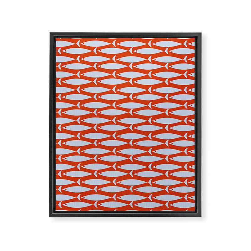Coastal Fish Retro Pattern in Pale Blue and Bold Red Orange Framed Canvas Print Gallery Image 8