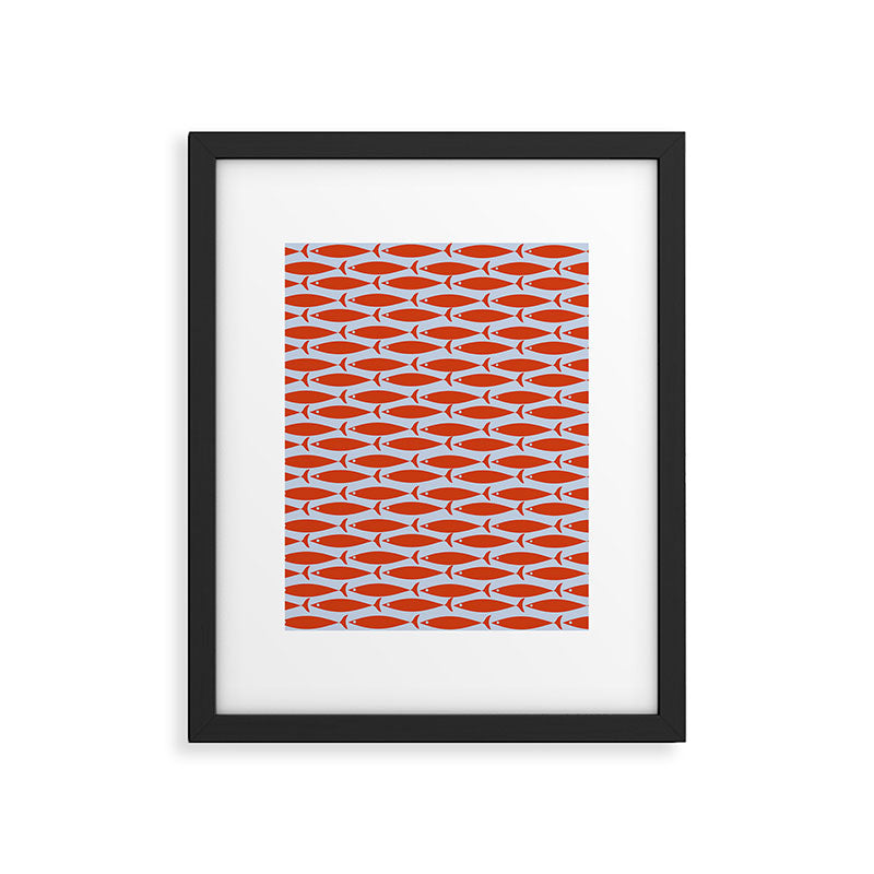 Coastal Fish Retro Pattern in Red Orange and Light Blue Framed Art Print Gallery Image 4