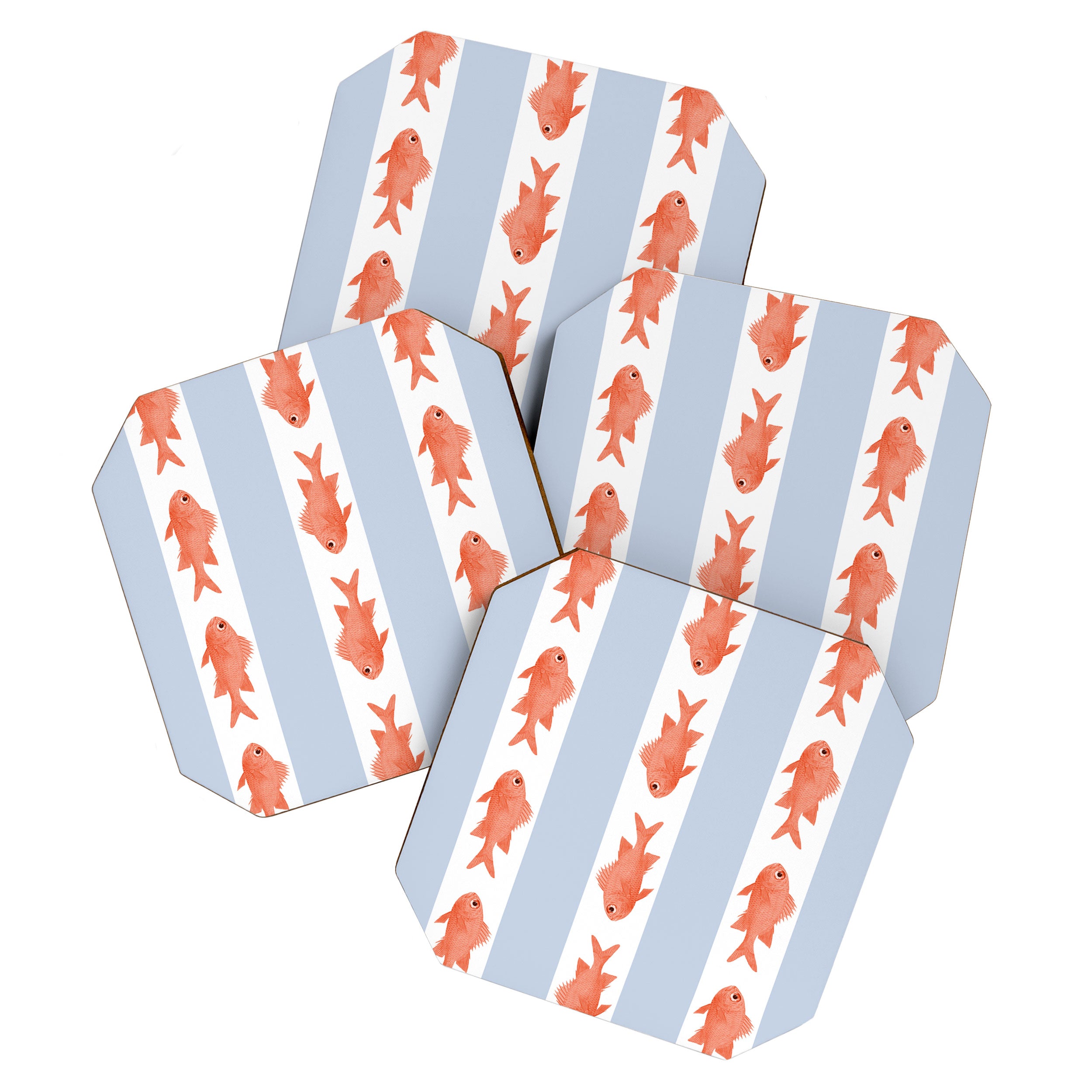 Coastal Fish Stripes Nostalgic Pattern in Light Blue, Orange Red, and White Coaster Gallery Image 1