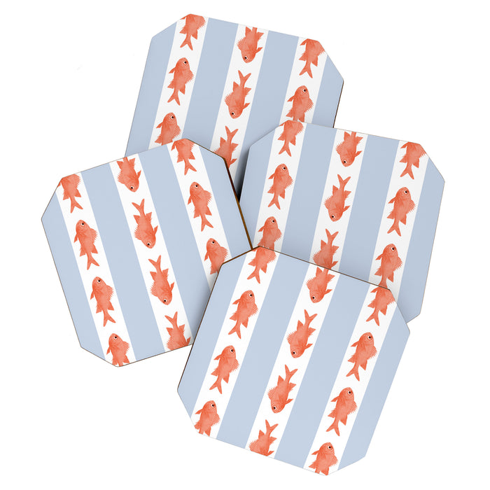 Coastal Fish Stripes Nostalgic Pattern in Light Blue, Orange Red, and White Coaster Gallery Image 1