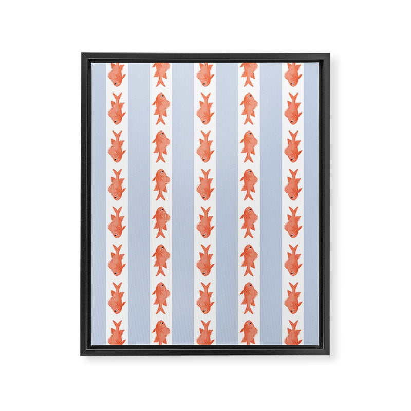 Coastal Fish Stripes Nostalgic Pattern in Light Blue, Orange Red, and White Framed Canvas Print Gallery Image 8