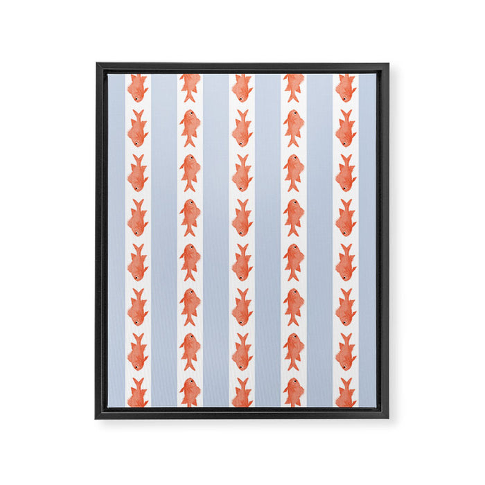 Coastal Fish Stripes Nostalgic Pattern in Light Blue, Orange Red, and White Framed Canvas Print Gallery Image 1