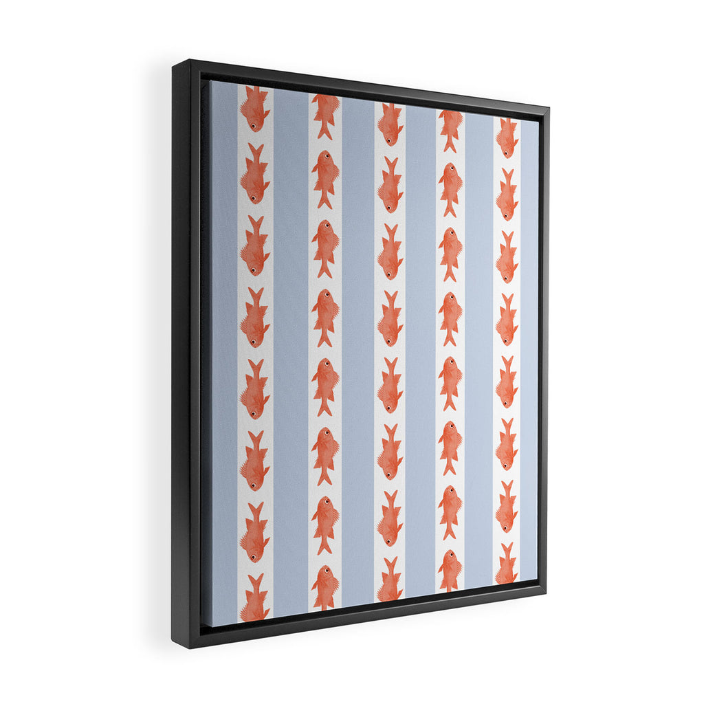 Coastal Fish Stripes Nostalgic Pattern in Light Blue, Orange Red, and White Framed Canvas Print Gallery Image 2