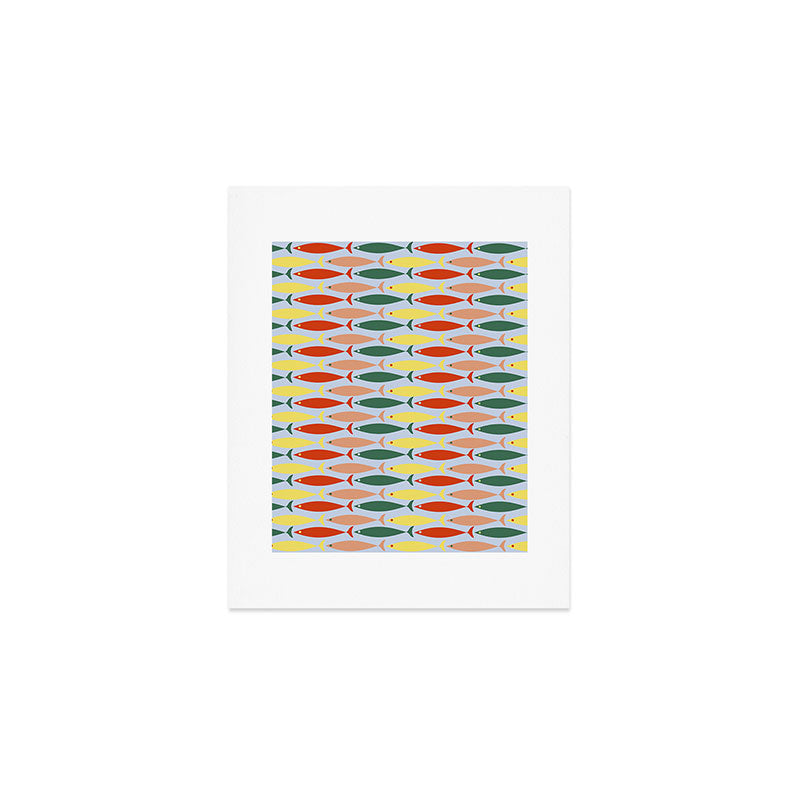 Coastal Fish Stripes Retro Pattern in Red Green Yellow Baby Blue Art Print Gallery Image 1