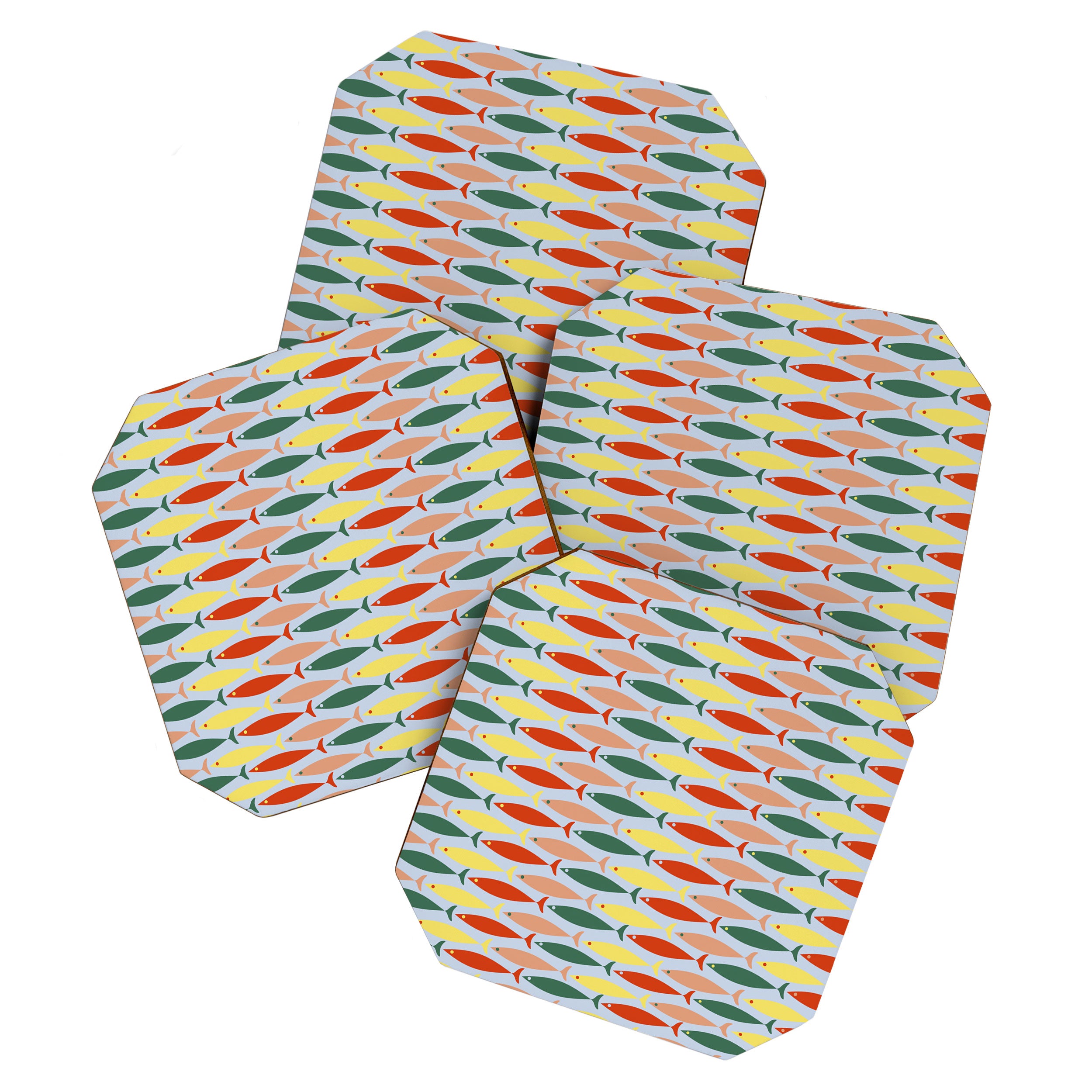 Coastal Fish Stripes Retro Pattern in Red Green Yellow Baby Blue Coaster Gallery Image 1