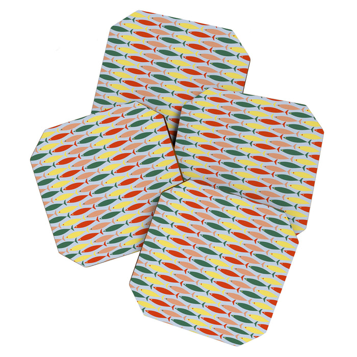 Coastal Fish Stripes Retro Pattern in Red Green Yellow Baby Blue Coaster Gallery Image 1