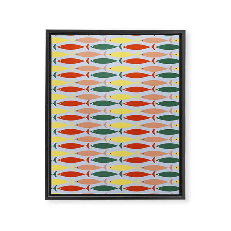 Coastal Fish Stripes Retro Pattern in Red Green Yellow Baby Blue Framed Canvas Print Gallery Image 8
