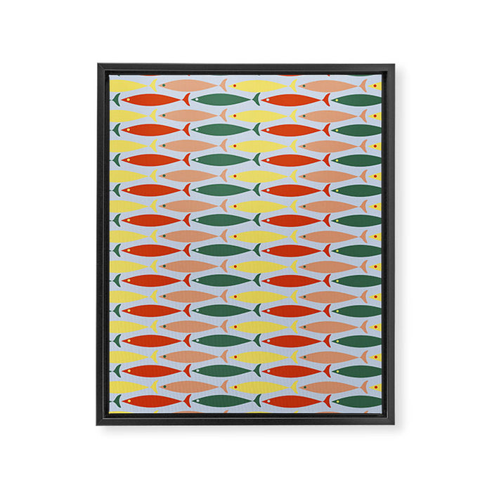 Coastal Fish Stripes Retro Pattern in Red Green Yellow Baby Blue Framed Canvas Print Gallery Image 1