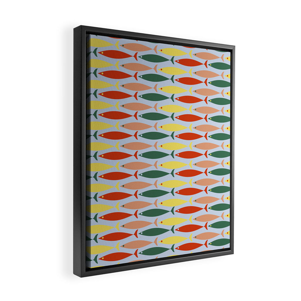 Coastal Fish Stripes Retro Pattern in Red Green Yellow Baby Blue Framed Canvas Print Gallery Image 2
