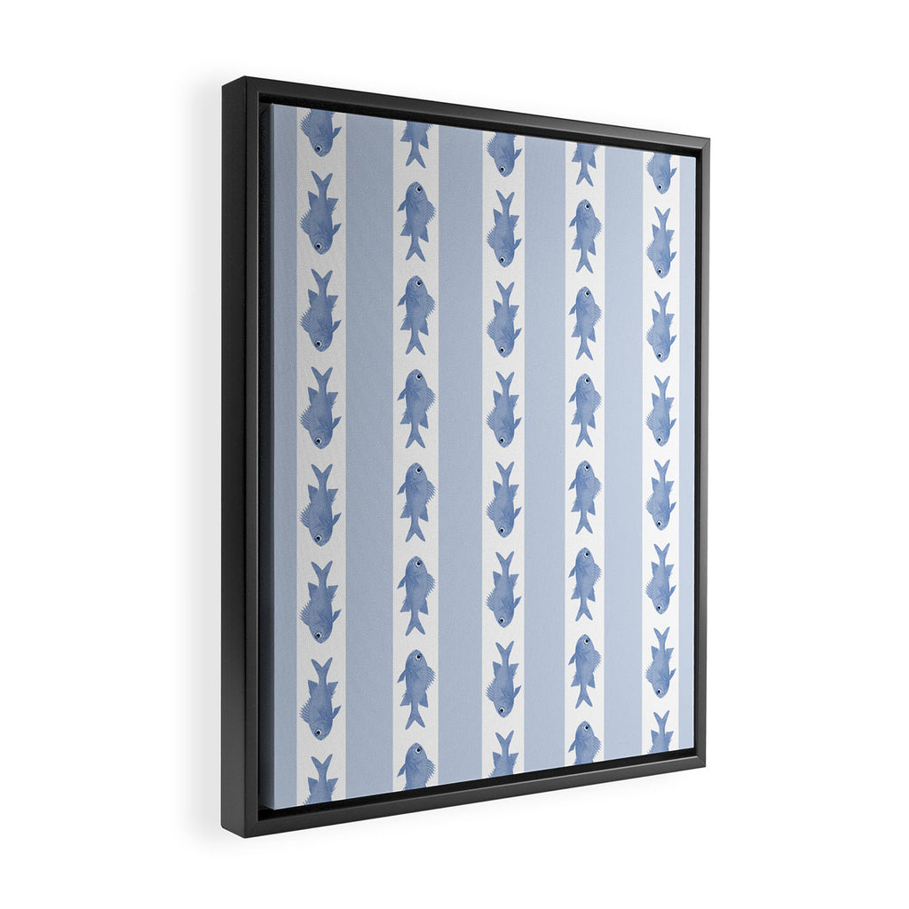 Coastal Fish Stripes Vintage Contemporary Pattern in Light Blue and White Framed Canvas Print Gallery Image 2