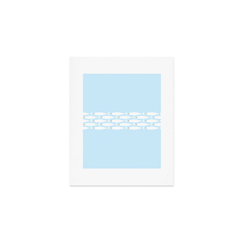 Coastal Minimalist Mid Century Modern Fish in Cool Light Blue White Brown Art Print Gallery Image 1