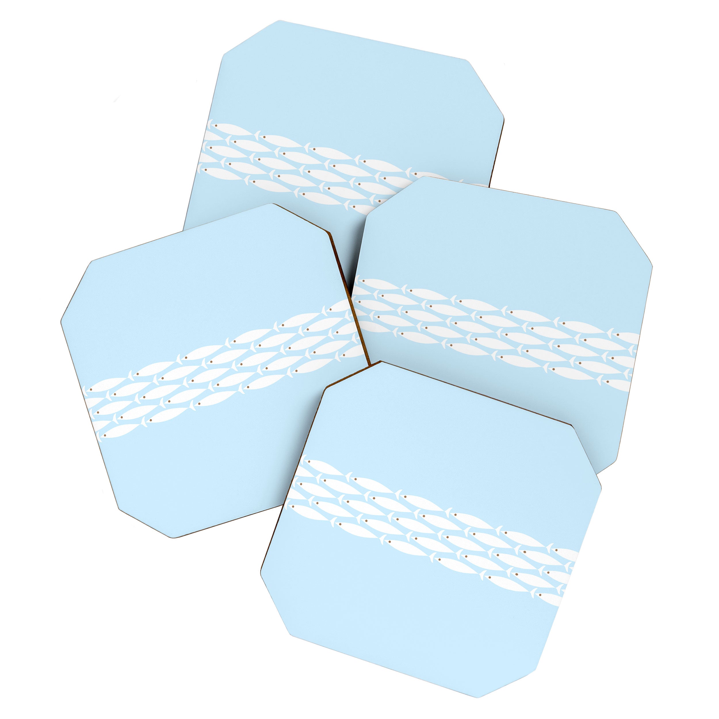 Coastal Minimalist Mid Century Modern Fish in Cool Light Blue White Brown Coaster Gallery Image 1